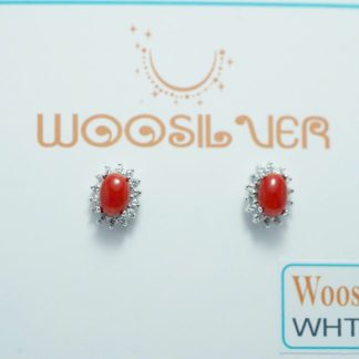[BẠC 925 xi kim] Bông tai đá san hô đỏ hình bầu dục - WHT 130