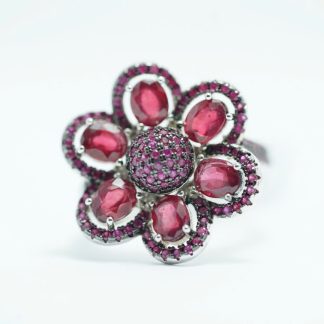 [ BẠC 925 ] Nhẫn đá Ruby thiết kế hoa 7 cánh rực rỡ