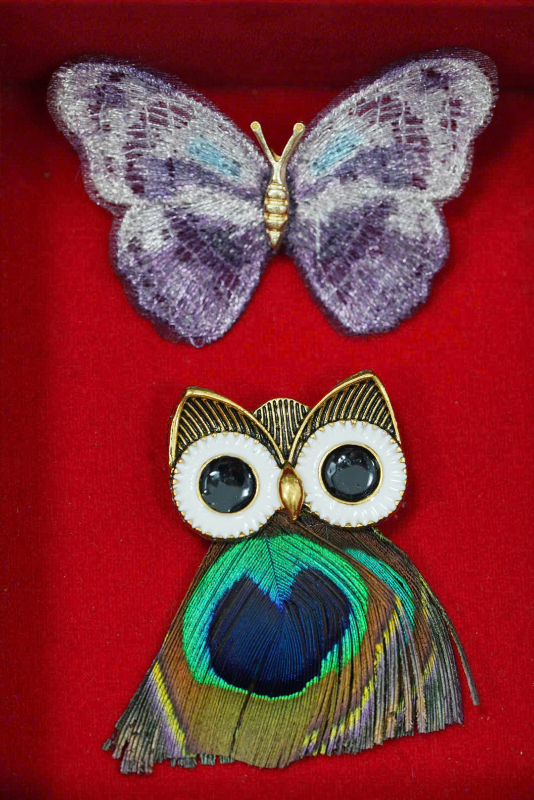 Trâm cài áo bướm vải & cú mèo lông công - Ảnh 3