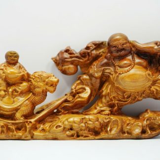 [ GỖ NGỌC AM ] Tượng Phật Di Lặc Cầm Tiền – Đồng Tử Kỳ Lân Đón Lộc